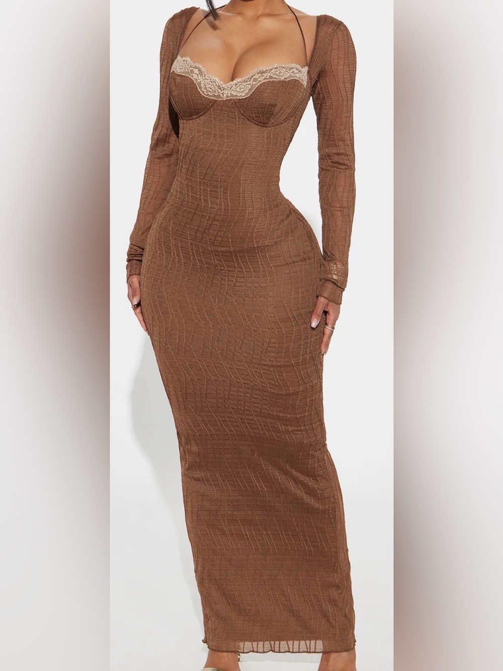 Fashion Nova Brown Lace-Trim Long Sleeve Maxi Dress